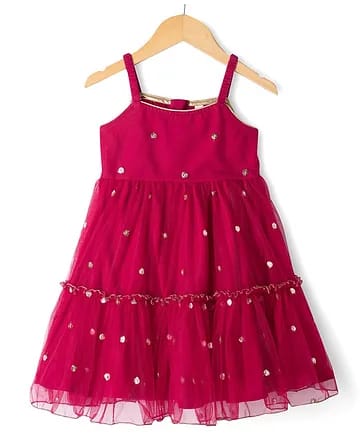 Girls Maroon Embroidered Jacket with Foil Printed Tiered Frock Set