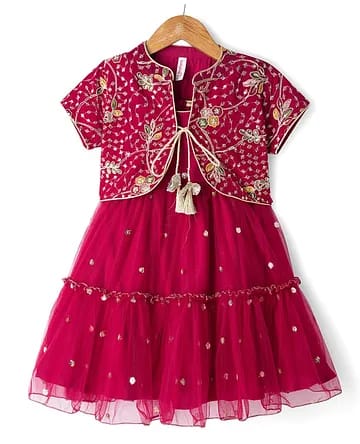 Girls Maroon Embroidered Jacket with Foil Printed Tiered Frock Set