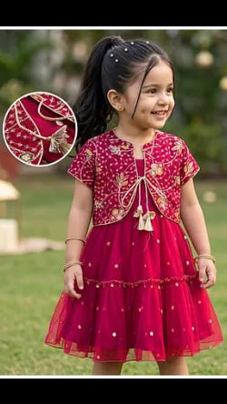Girls Maroon Embroidered Jacket with Foil Printed Tiered Frock Set