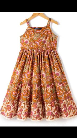 Baby girls Ochre Yellow Floral Kalamkari Printed Strappy Tiered Maxi Dress