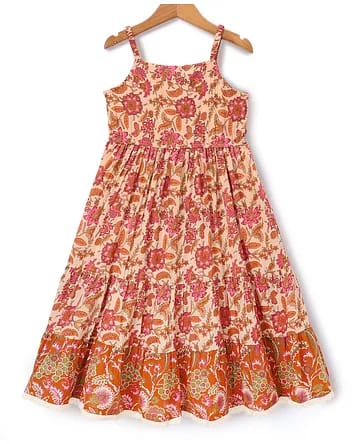 Baby girls Ochre Yellow Floral Kalamkari Printed Strappy Tiered Maxi Dress