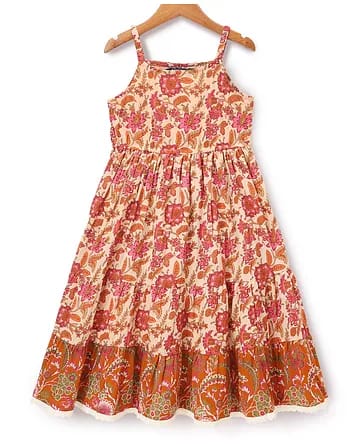 Baby girls Ochre Yellow Floral Kalamkari Printed Strappy Tiered Maxi Dress