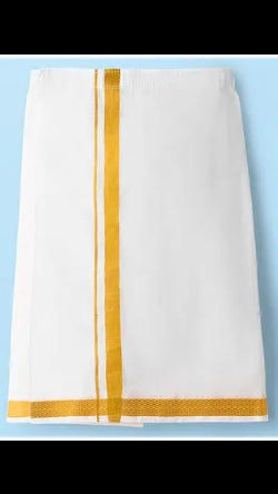 Kids White Pure Cotton Dhoti / Mundu with Gold Zari Border