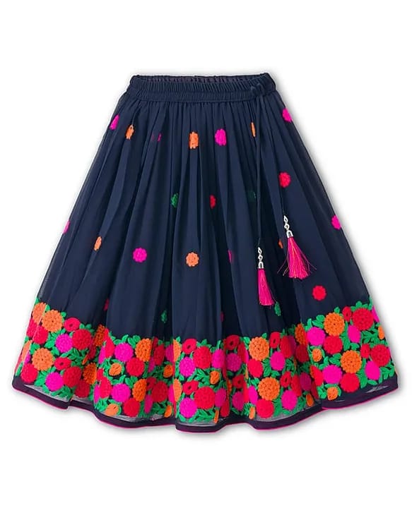 Baby Girls Black Velvet Embroidered Choli with Rani Pink Chevron Print Lehenga & Dupatta Set
