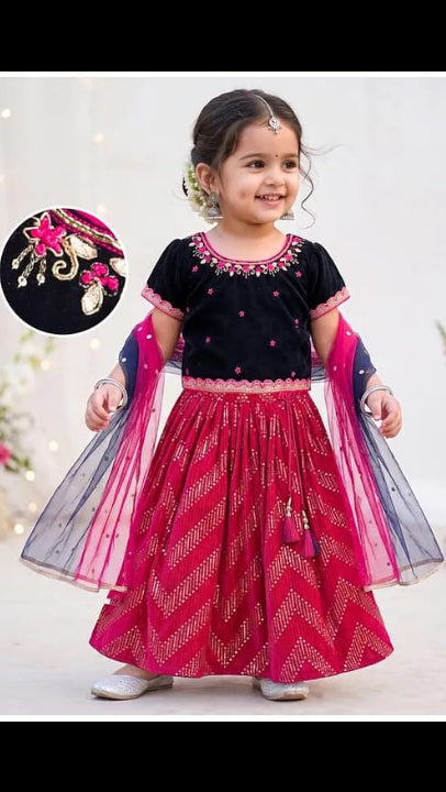 Baby Girls Black Velvet Embroidered Choli with Rani Pink Chevron Print Lehenga & Dupatta Set