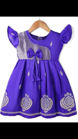 Baby Girls Royal Blue Banarasi Silk Woven Festive Frock with Butterfly Sleeves