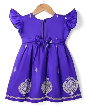 Baby Girls Royal Blue Banarasi Silk Woven Festive Frock with Butterfly Sleeves