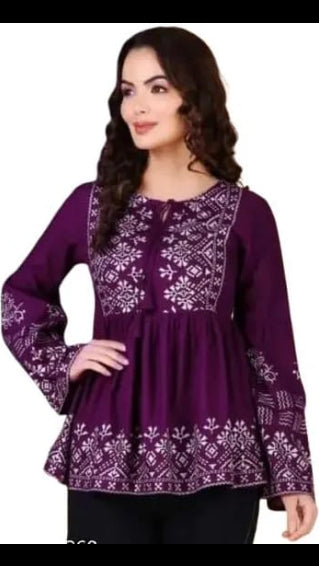 Women’s Purple & Silver Ethnic Printed Peplum Short Kurti / Tunic Top