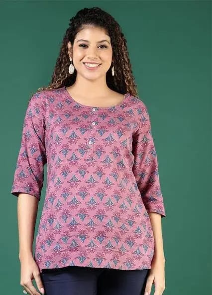 Women’s Mauve Pink Floral Block Printed Cotton Short Kurti / Tunic Top