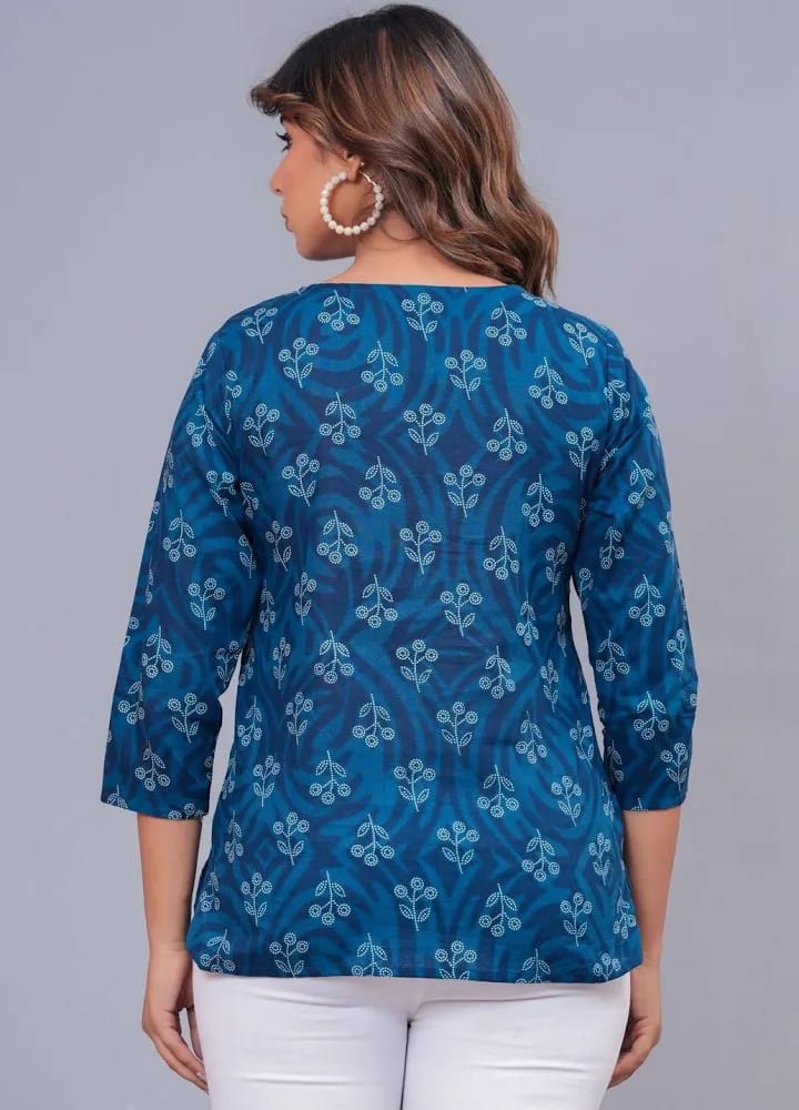 Women’s Teal Blue Ikat & Bandhani Printed Cotton Short Kurti / Tunic Top