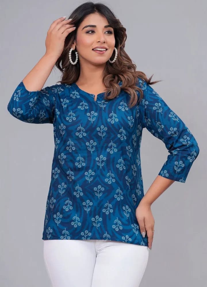 Women’s Teal Blue Ikat & Bandhani Printed Cotton Short Kurti / Tunic Top