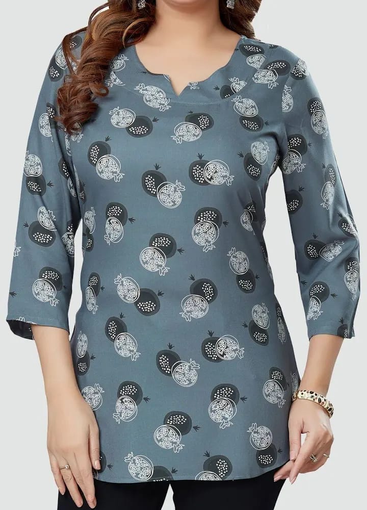 Women’s Slate Grey Pomegranate Printed Cotton Short Kurti / Tunic Top