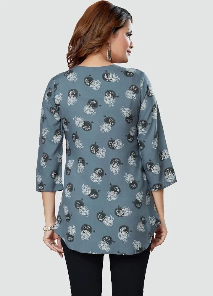 Women’s Slate Grey Pomegranate Printed Cotton Short Kurti / Tunic Top