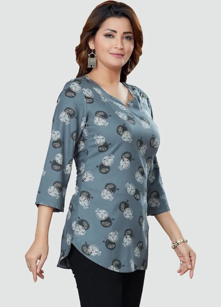 Women’s Slate Grey Pomegranate Printed Cotton Short Kurti / Tunic Top