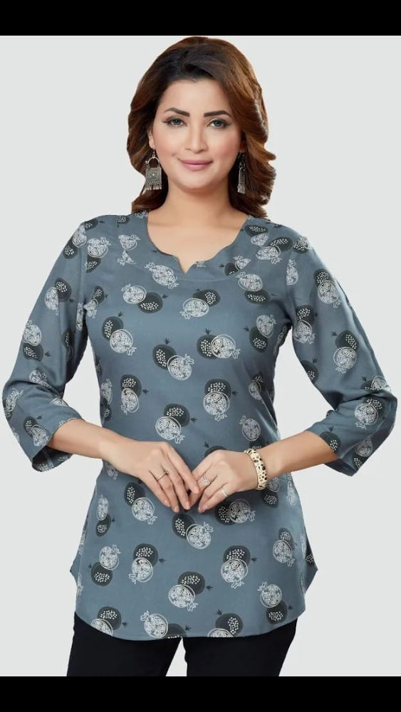 Women’s Slate Grey Pomegranate Printed Cotton Short Kurti / Tunic Top