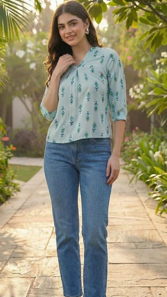 Women’s Mint Green & Teal Ikat Printed Cotton Short Kurti / Tunic Top