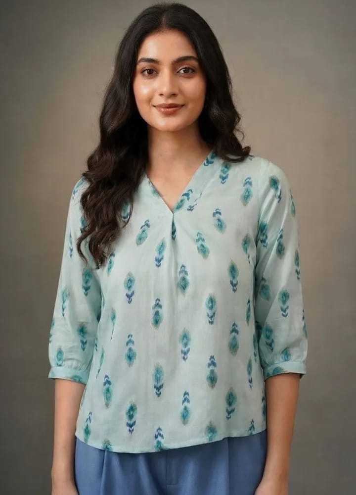 Women’s Mint Green & Teal Ikat Printed Cotton Short Kurti / Tunic Top