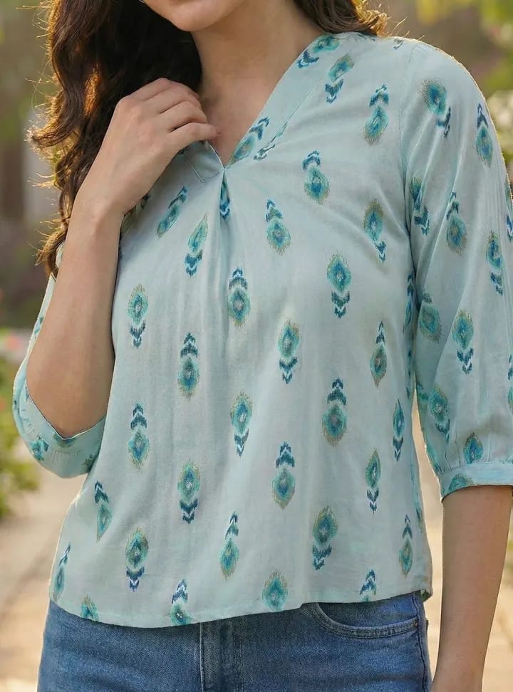 Women’s Mint Green & Teal Ikat Printed Cotton Short Kurti / Tunic Top