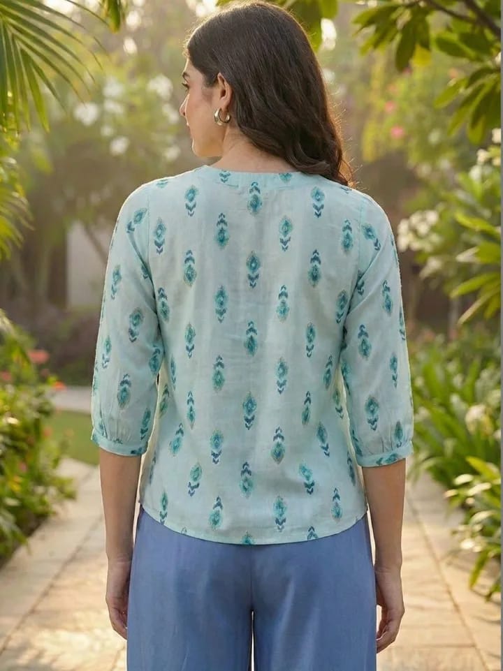 Women’s Mint Green & Teal Ikat Printed Cotton Short Kurti / Tunic Top