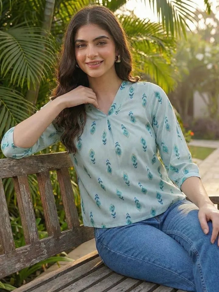 Women’s Mint Green & Teal Ikat Printed Cotton Short Kurti / Tunic Top