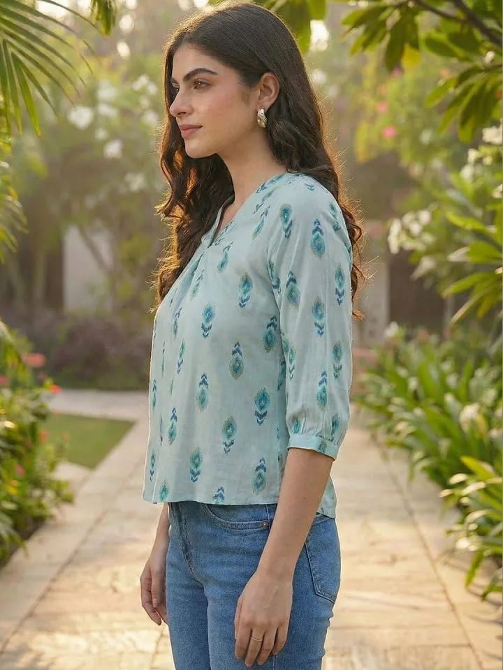 Women’s Mint Green & Teal Ikat Printed Cotton Short Kurti / Tunic Top