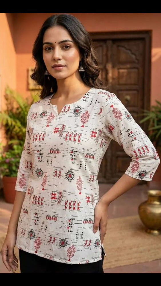 Women’s Off-White & Red Warli Folk Art Printed Cotton Short Kurti / Tunic Top