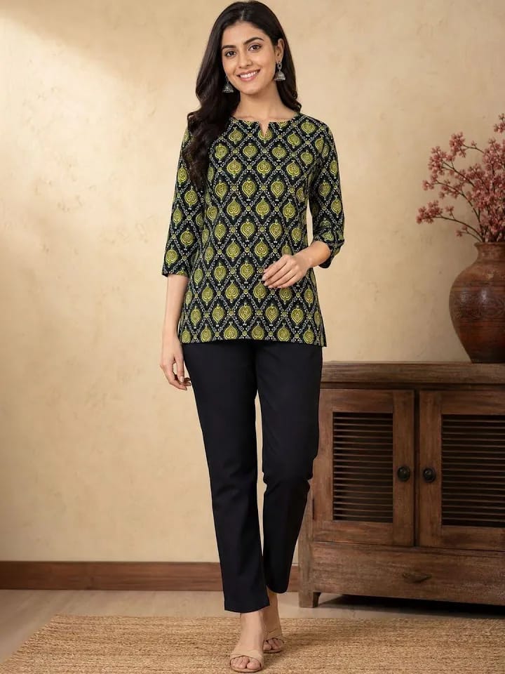 Women’s Black & Lime Green Ornamental Printed Cotton Short Kurti / Tunic Top