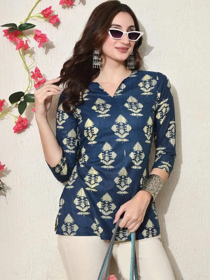 Women’s Navy Blue & Cream Floral Printed Cotton Short Kurti / Tunic Top