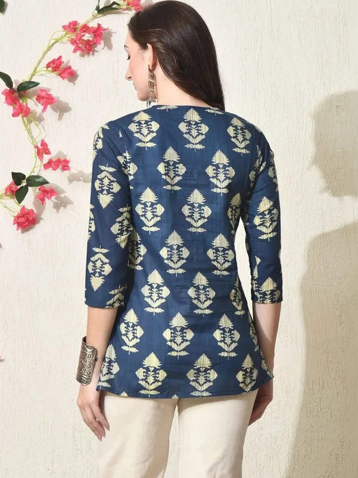 Women’s Navy Blue & Cream Floral Printed Cotton Short Kurti / Tunic Top