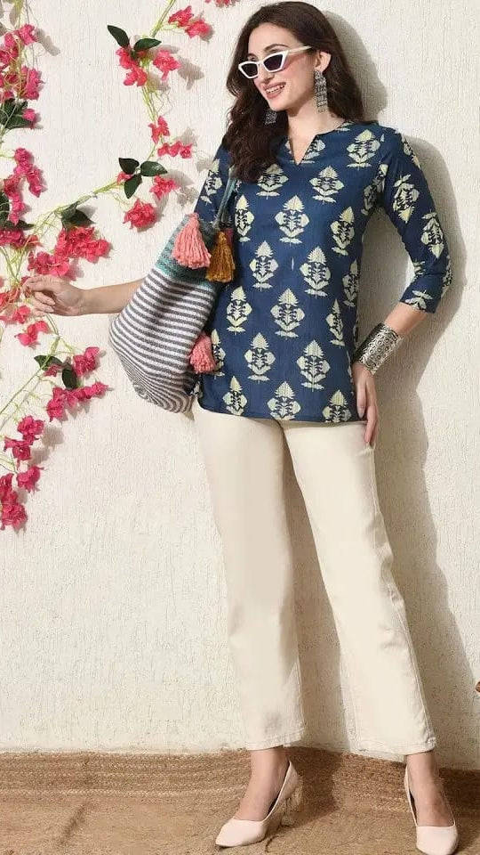 Women’s Navy Blue & Cream Floral Printed Cotton Short Kurti / Tunic Top