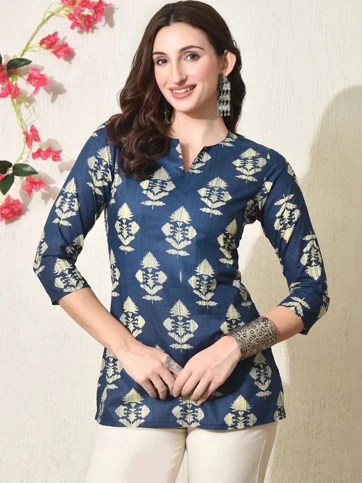 Women’s Navy Blue & Cream Floral Printed Cotton Short Kurti / Tunic Top