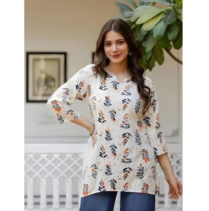 Women’s Cream & Orange Botanical Leaf Printed Cotton Short Kurti / Tunic Top