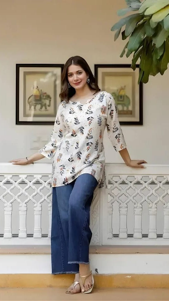 Women’s Cream & Orange Botanical Leaf Printed Cotton Short Kurti / Tunic Top