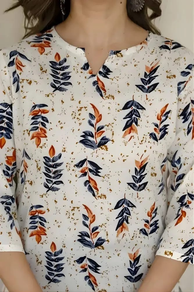 Women’s Cream & Orange Botanical Leaf Printed Cotton Short Kurti / Tunic Top