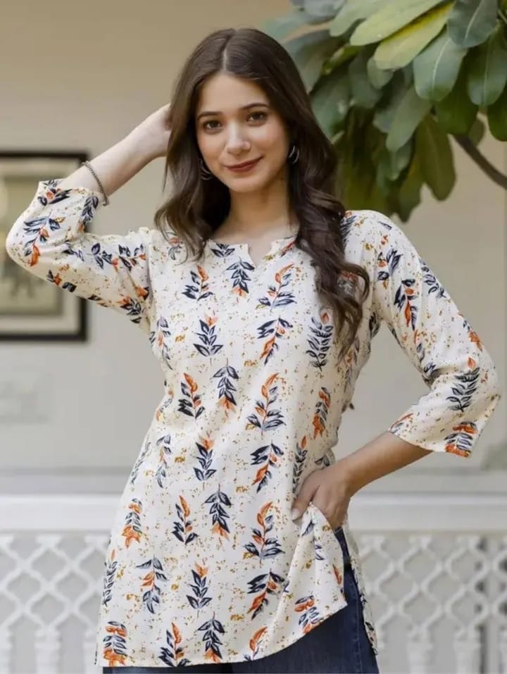 Women’s Cream & Orange Botanical Leaf Printed Cotton Short Kurti / Tunic Top