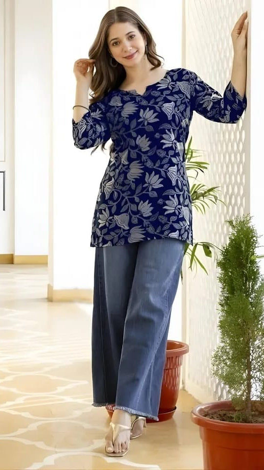 Women’s Navy Blue & Silver Floral Printed Cotton Short Kurti / Tunic Top