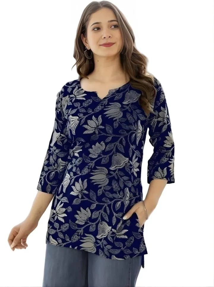 Women’s Navy Blue & Silver Floral Printed Cotton Short Kurti / Tunic Top