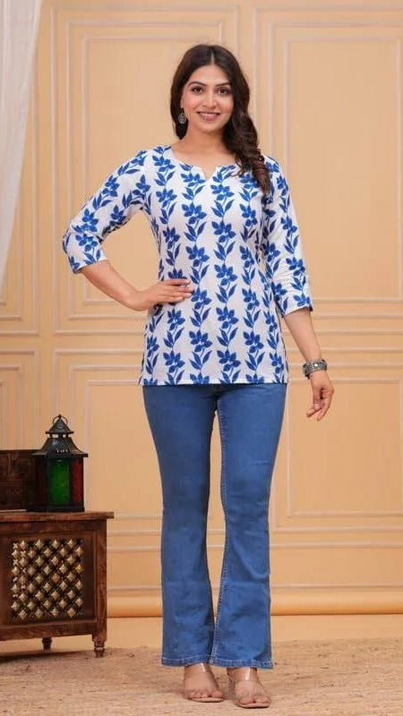 Women’s Off-White & Royal Blue Floral Printed Cotton Short Kurti / Tunic Top