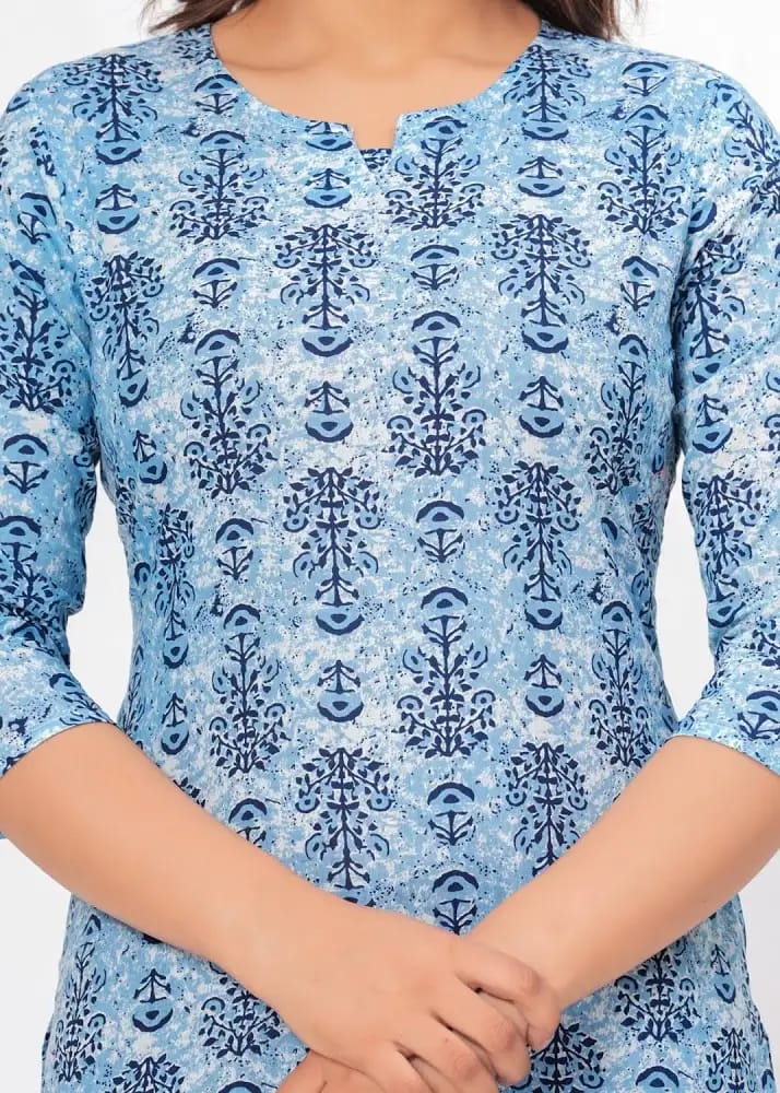 Women’s Sky Blue Sanganeri/Jaipuri Printed Cotton Short Kurti / Tunic Top