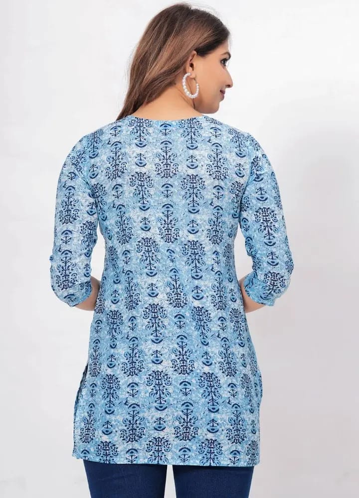 Women’s Sky Blue Sanganeri/Jaipuri Printed Cotton Short Kurti / Tunic Top