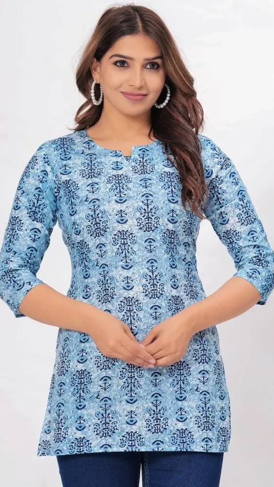 Women’s Sky Blue Sanganeri/Jaipuri Printed Cotton Short Kurti / Tunic Top