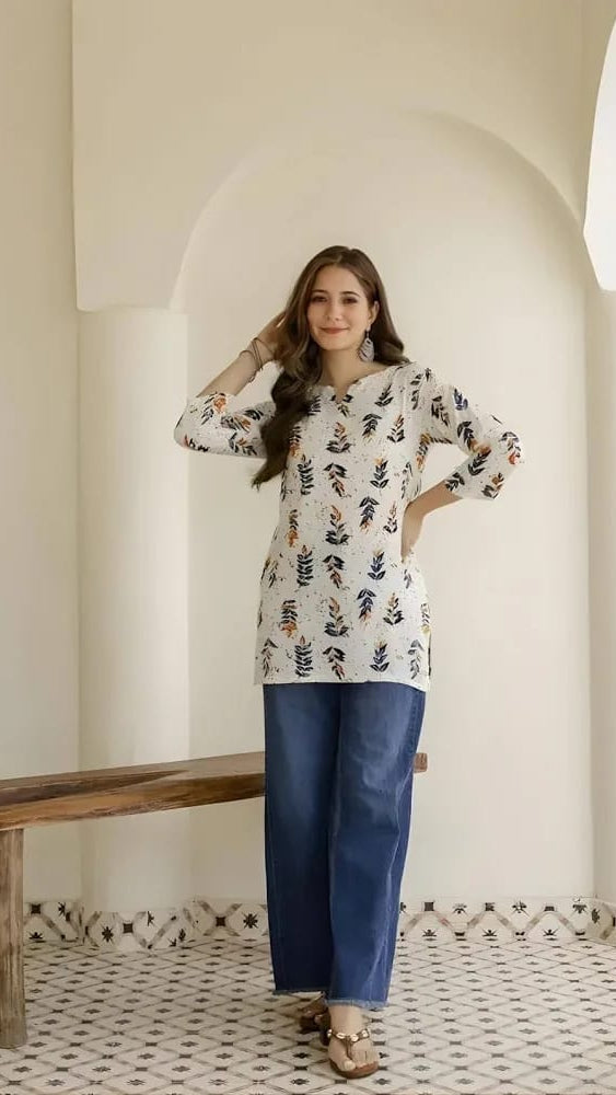 Women’s Cream & Orange Botanical Leaf Printed Cotton Short Kurti / Tunic Top
