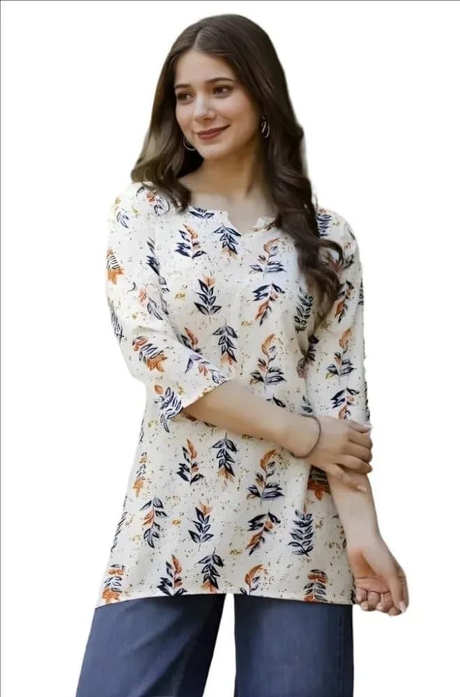 Women’s Cream & Orange Botanical Leaf Printed Cotton Short Kurti / Tunic Top