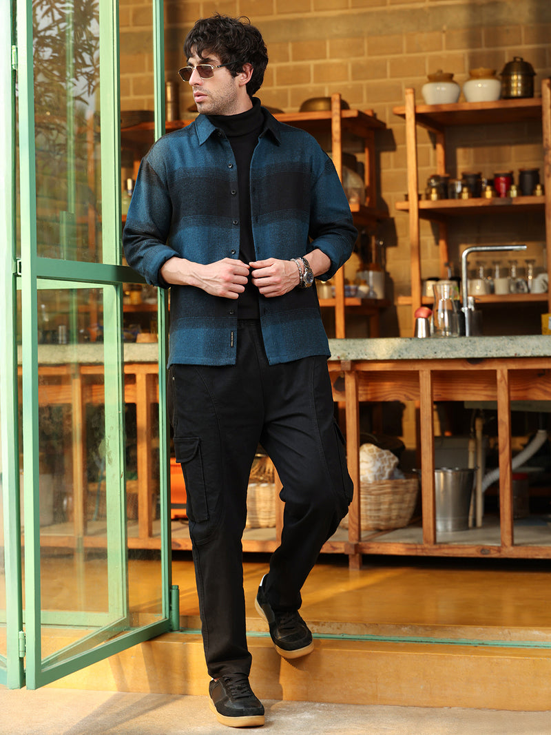 Men’s Teal & Black Ombre Gradient Plaid Flannel Overshirt