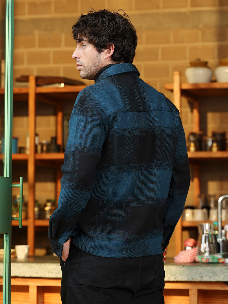 Men’s Teal & Black Ombre Gradient Plaid Flannel Overshirt