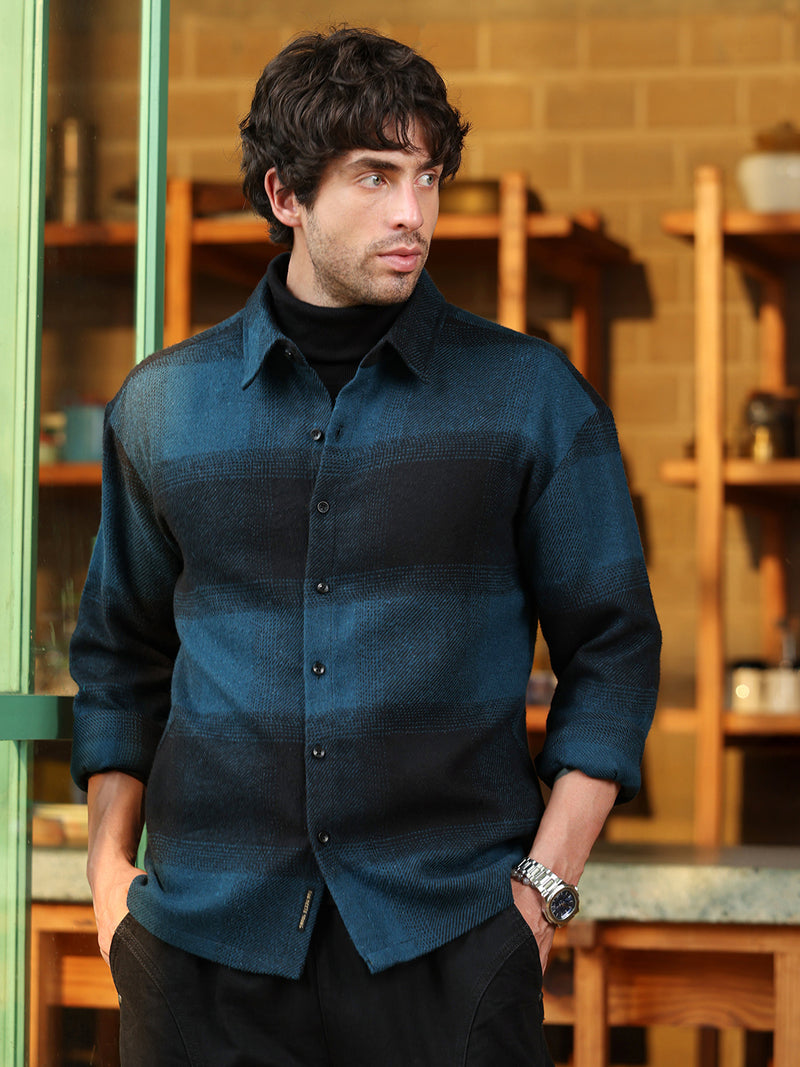 Men’s Teal & Black Ombre Gradient Plaid Flannel Overshirt