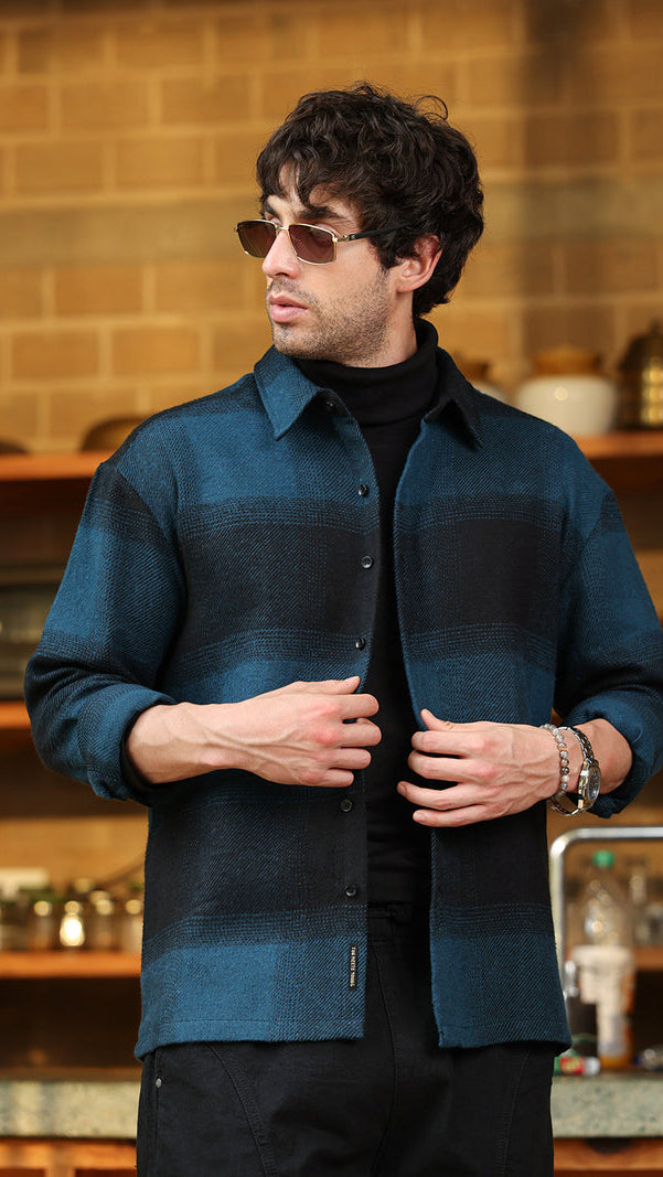 Men’s Teal & Black Ombre Gradient Plaid Flannel Overshirt