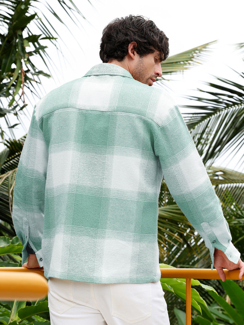 Men’s Mint Green & White Block Plaid Flannel Overshirt