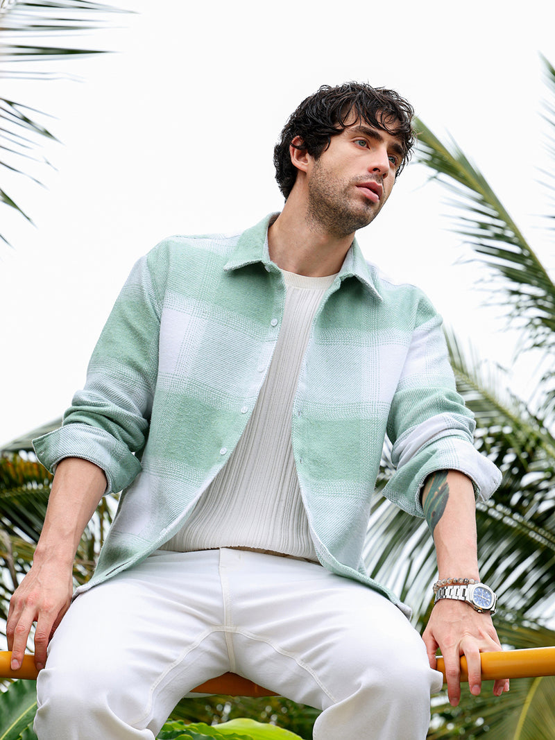 Men’s Mint Green & White Block Plaid Flannel Overshirt