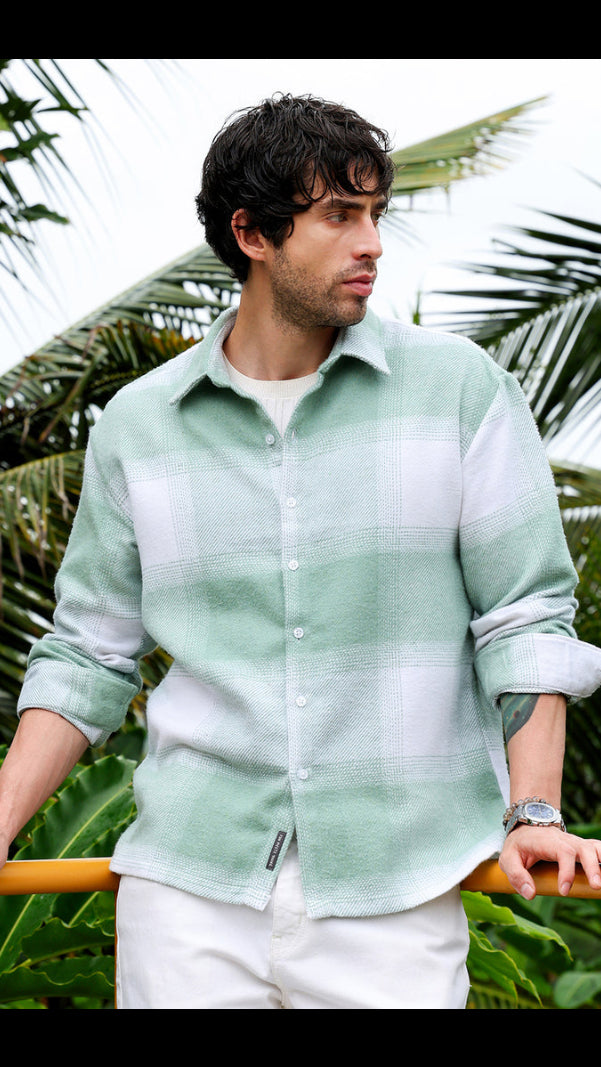 Men’s Mint Green & White Block Plaid Flannel Overshirt